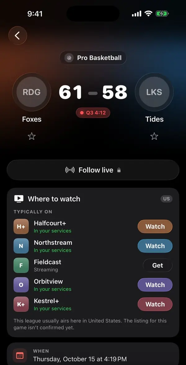 A game in Slate: the live score, a Follow live button, and the streaming services it usually airs on.