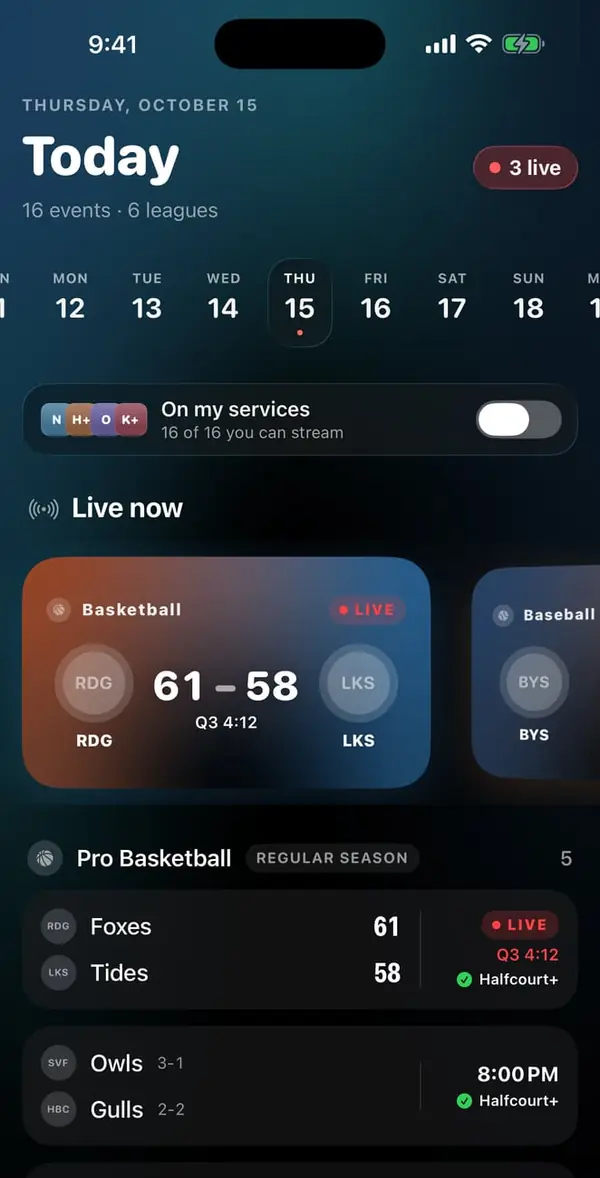 Slate’s Today screen on iPhone: a date strip, three games live, and a live basketball score of 61 to 58 in the third quarter.
